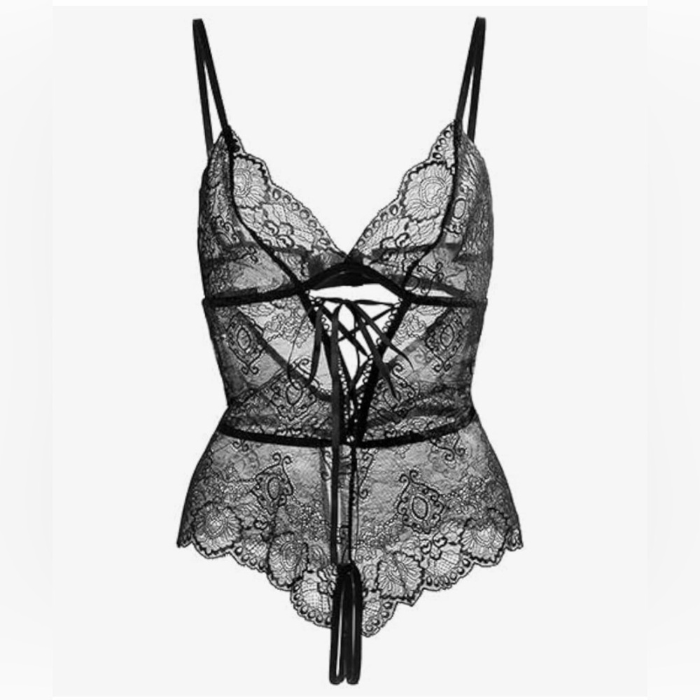 SHEIN Black Lace-Up Sheer Lace Teddy Bodysuit